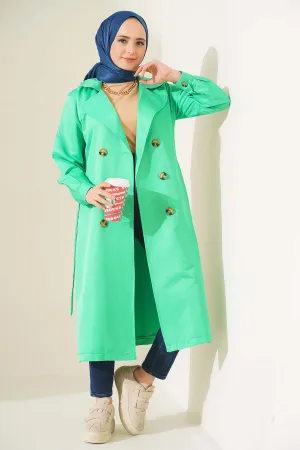 Three-Button Double-Breasted Trench Coat - Green