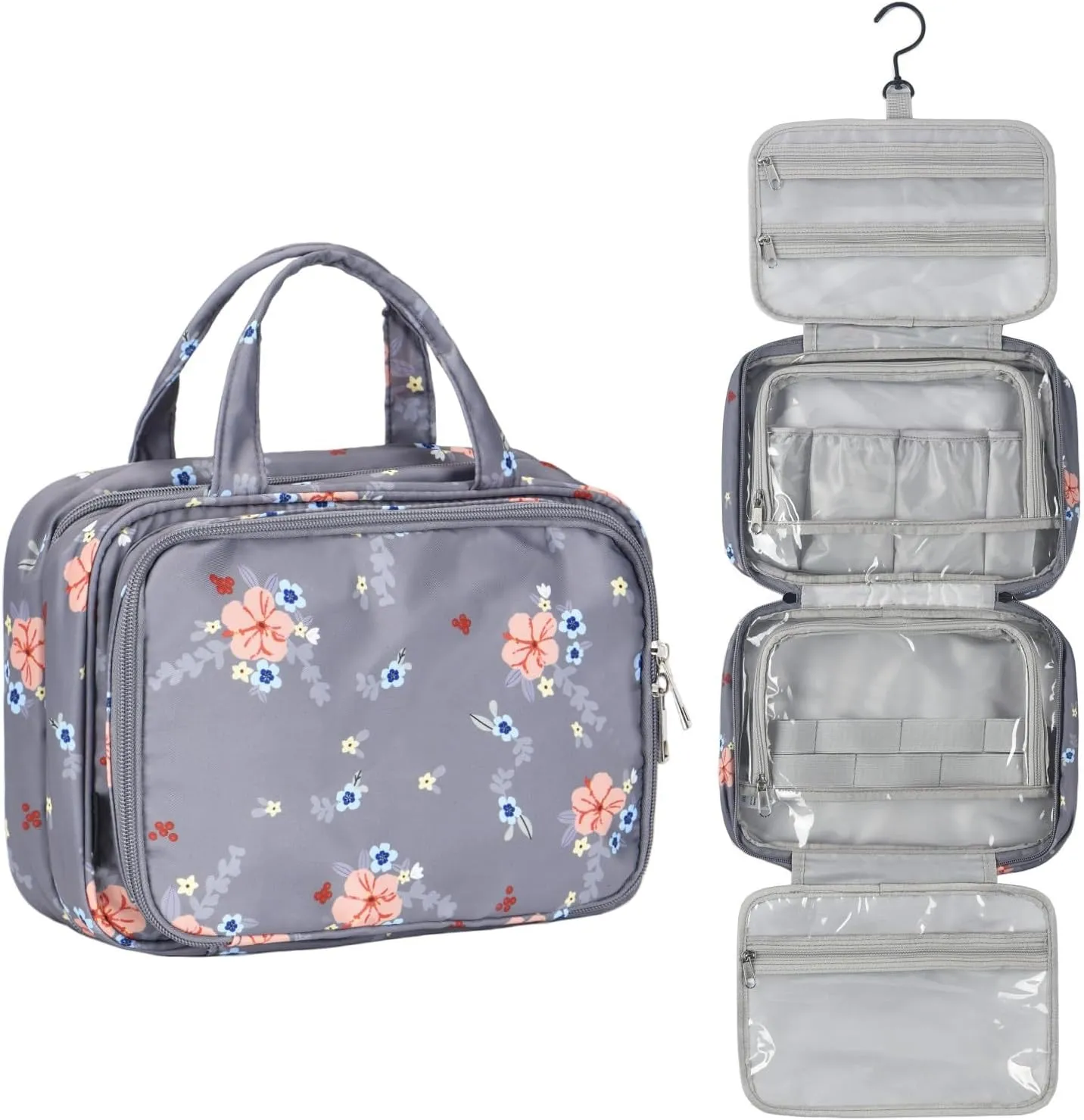 Toiletry Bag for Women, Large Hanging Travel Makeup Bag Water-resistant for Toiletries/Cosmetics/Brushes (Gray flower-V2)