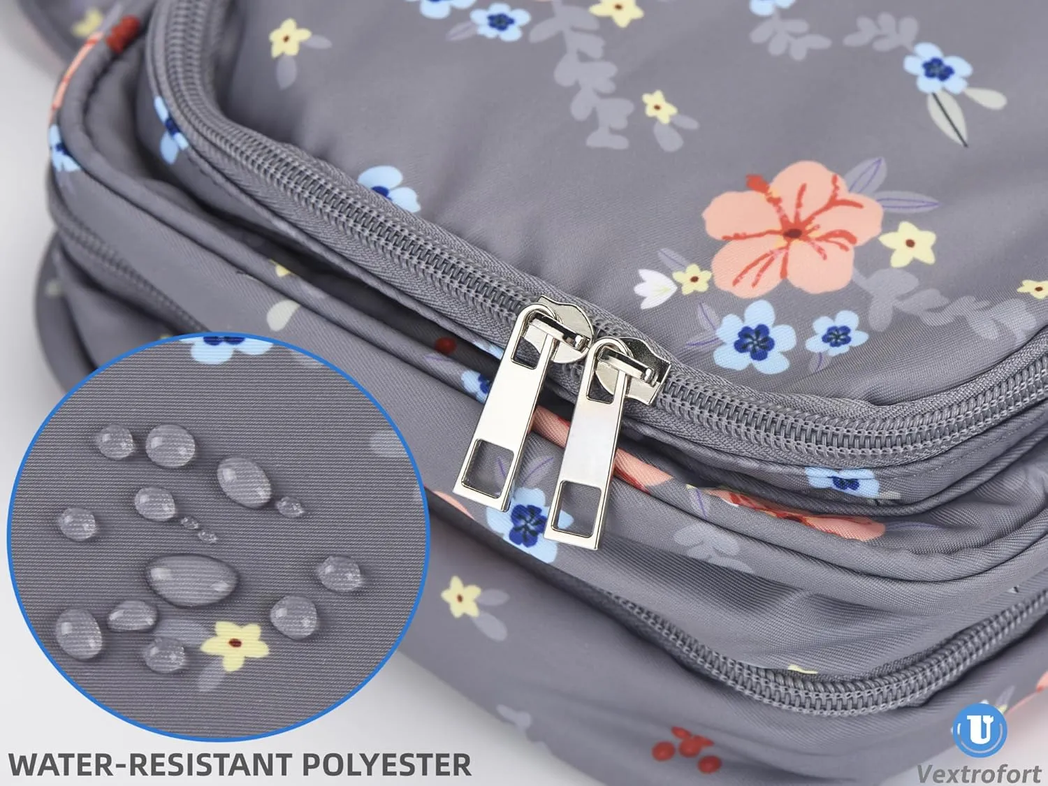 Toiletry Bag for Women, Large Hanging Travel Makeup Bag Water-resistant for Toiletries/Cosmetics/Brushes (Gray flower-V2)