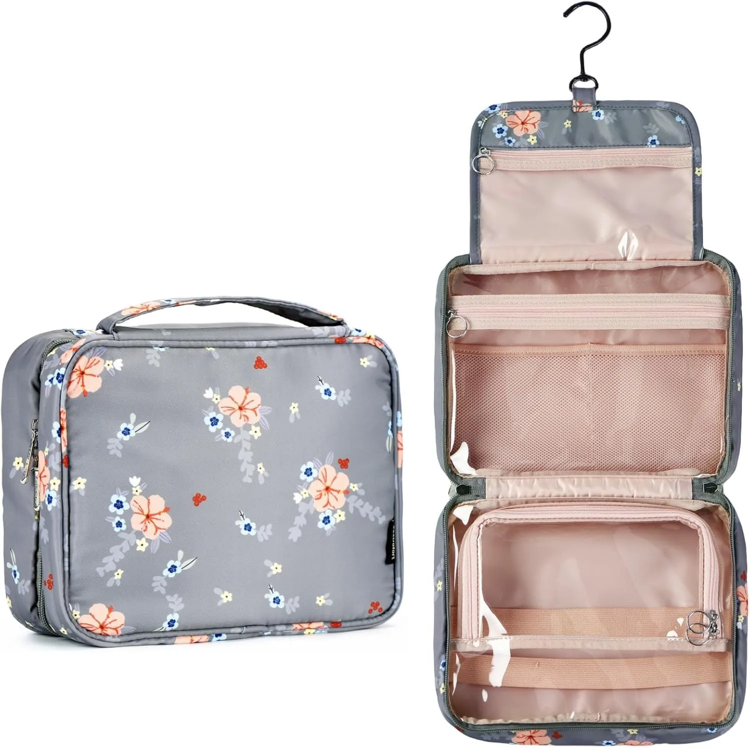 Toiletry Bag for Women, Large Hanging Travel Makeup Bag Water-resistant for Toiletries/Cosmetics/Brushes (Small gray flower-V2)