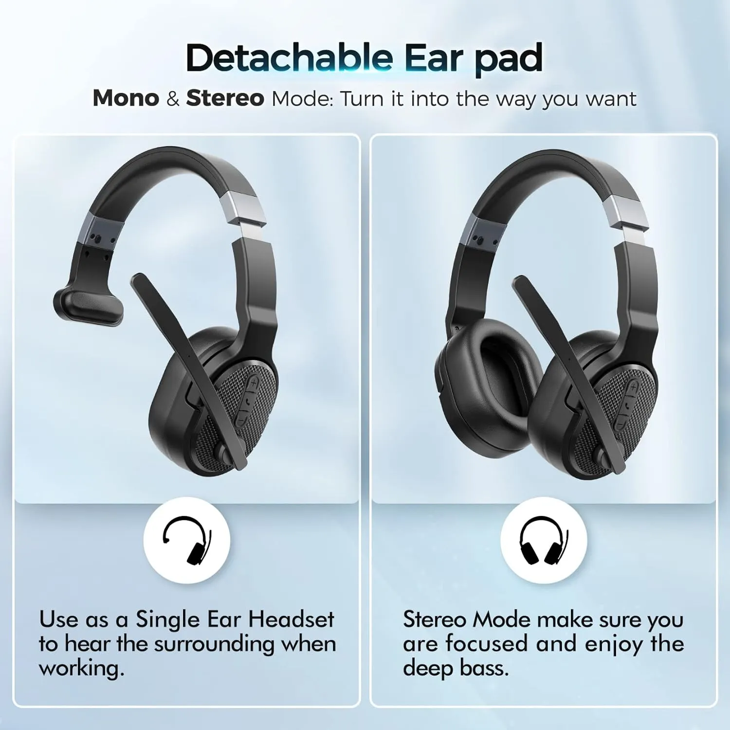Trucker Bluetooth Headset, Wireless Headsets with Noise Cancelling Microphone, 50 Hrs HD Talktime Bluetooth Headphones with Detachable Earpad/Single Dual Mode for Office/Driving/Home