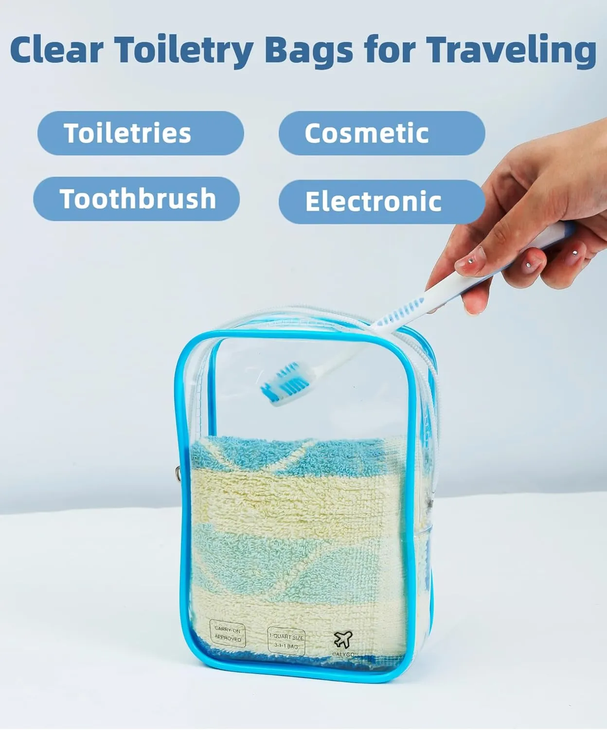 TSA Approved Toiletry Bag, Airplane Travel Essentials for Long Flight Flying European International Must Haves Small Quart Size Makeup Zipper Pouch (2, Clear, Blue)