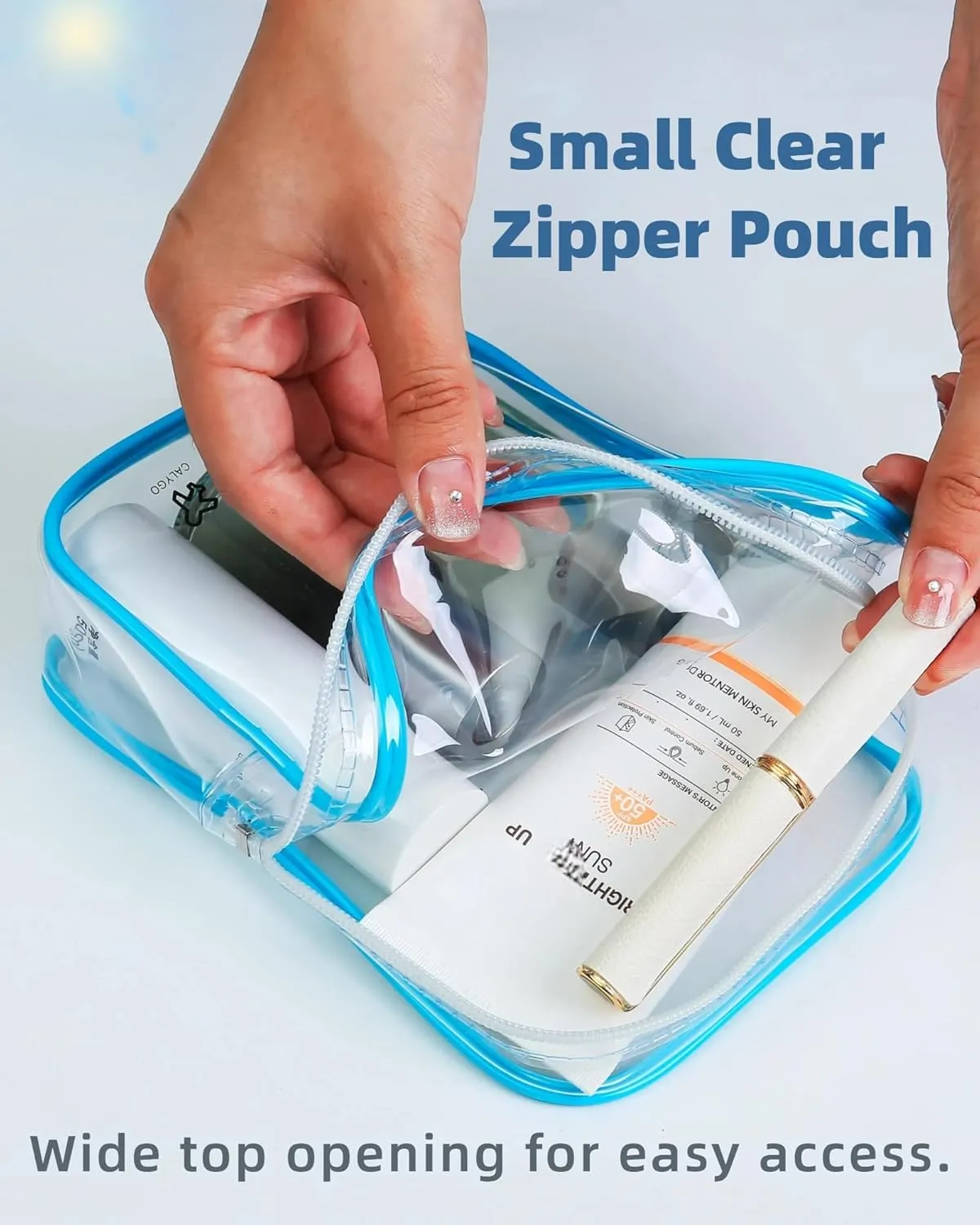 TSA Approved Toiletry Bag, Airplane Travel Essentials for Long Flight Flying European International Must Haves Small Quart Size Makeup Zipper Pouch (2, Clear, Blue)