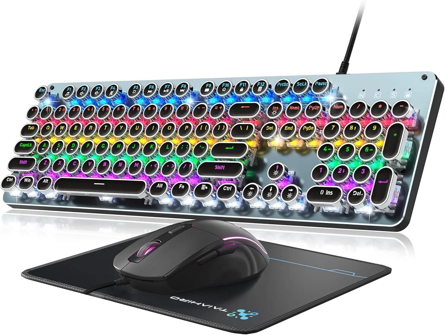 Typewriter Mechanical Gaming Keyboard and Mouse, Metal Panel Retro Keyboard with Round Keycap Blue Switch, RGB Backlit 104 Keys Anti-Ghost Wired Keyboard Mouse and Pad Combo for PC Laptop Mac Gamer
