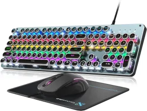 Typewriter Mechanical Gaming Keyboard and Mouse, Metal Panel Retro Keyboard with Round Keycap Blue Switch, RGB Backlit 104 Keys Anti-Ghost Wired Keyboard Mouse and Pad Combo for PC Laptop Mac Gamer