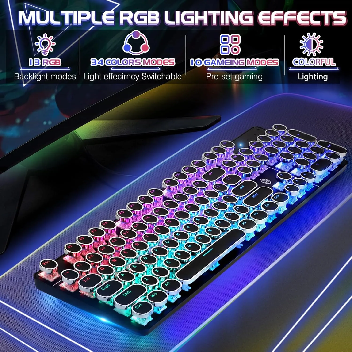 Typewriter Style Mechanical Gaming Keyboard RGB Backlit Wired with Blue Switch Retro Round Keycap 104 Keys Keyboard (Black 104 Keys RGB)