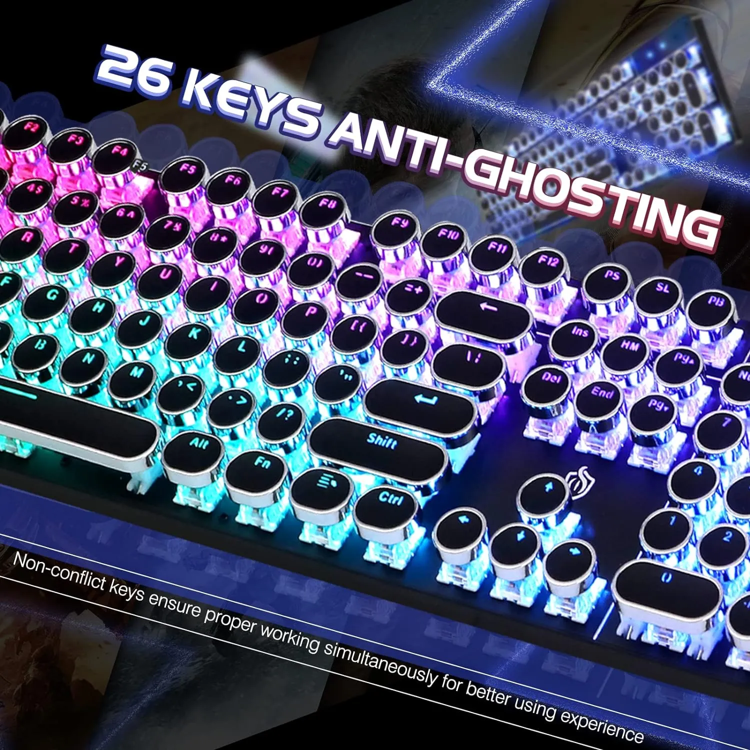 Typewriter Style Mechanical Gaming Keyboard RGB Backlit Wired with Blue Switch Retro Round Keycap 104 Keys Keyboard (Black 104 Keys RGB)