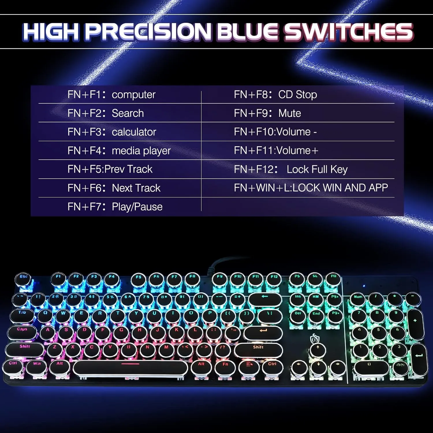 Typewriter Style Mechanical Gaming Keyboard RGB Backlit Wired with Blue Switch Retro Round Keycap 104 Keys Keyboard (Black 104 Keys RGB)