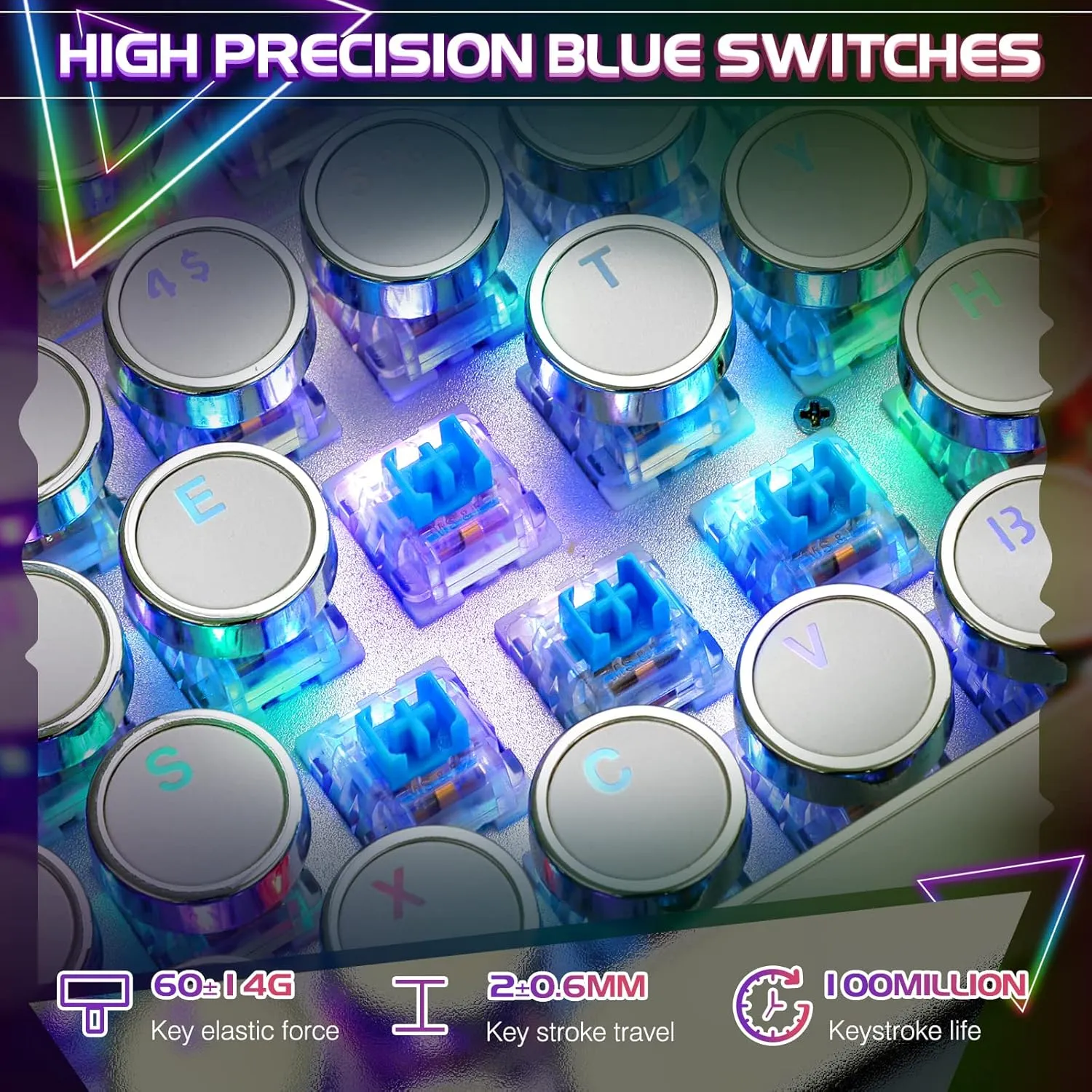Typewriter Style Mechanical Gaming Keyboard RGB Backlit Wired with Blue Switch Retro Round Keycap 104 Keys Keyboard (White 104 Keys RGB)