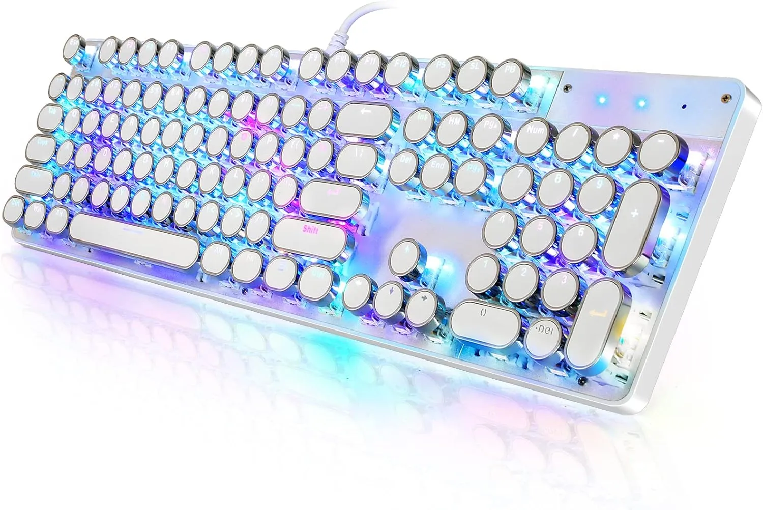 Typewriter Style Mechanical Gaming Keyboard RGB Backlit Wired with Blue Switch Retro Round Keycap 104 Keys Keyboard (White 104 Keys RGB)