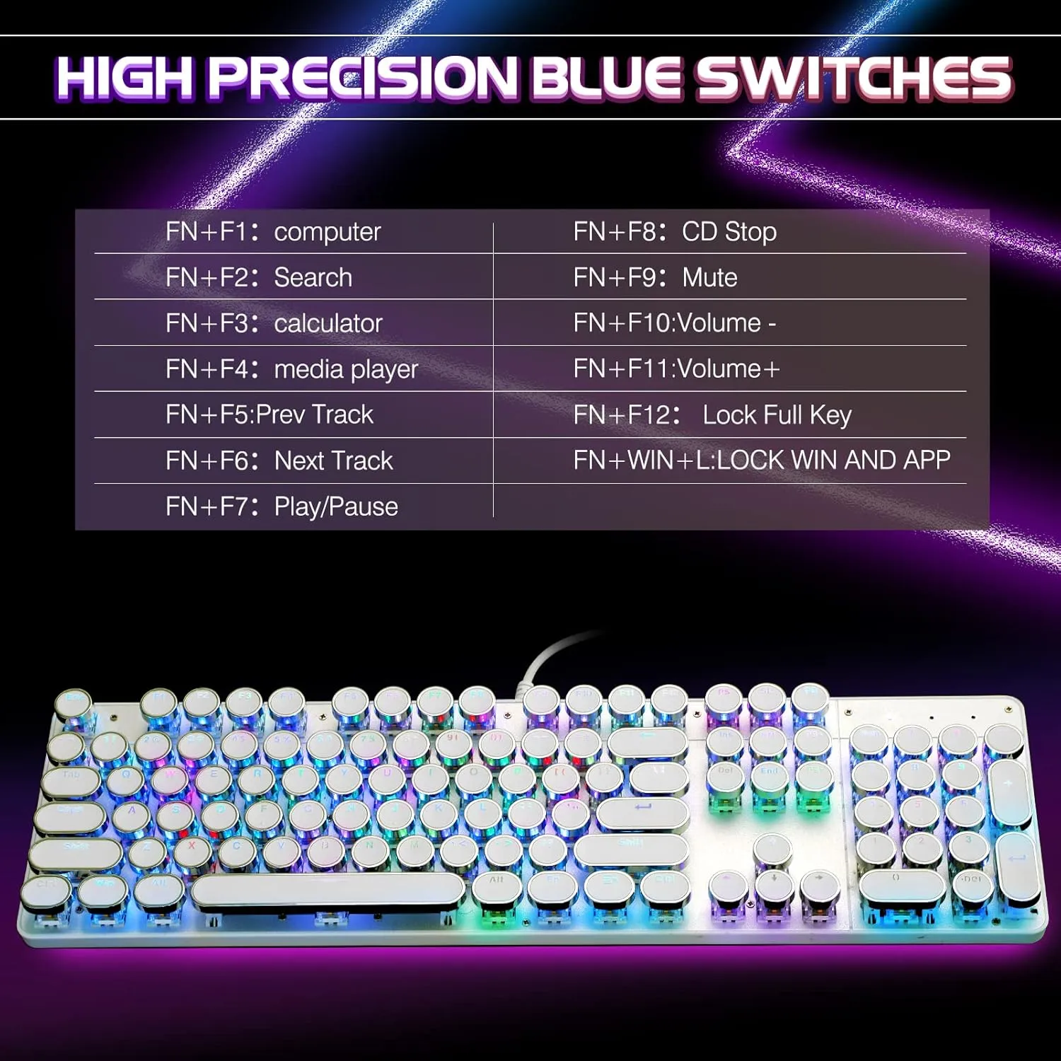 Typewriter Style Mechanical Gaming Keyboard RGB Backlit Wired with Blue Switch Retro Round Keycap 104 Keys Keyboard (White 104 Keys RGB)
