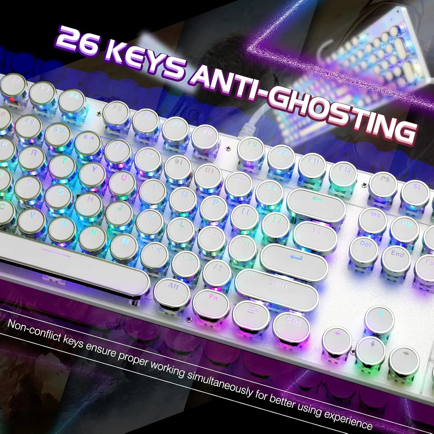 Typewriter Style Mechanical Gaming Keyboard RGB Backlit Wired with Blue Switch Retro Round Keycap 104 Keys Keyboard (White 104 Keys RGB)