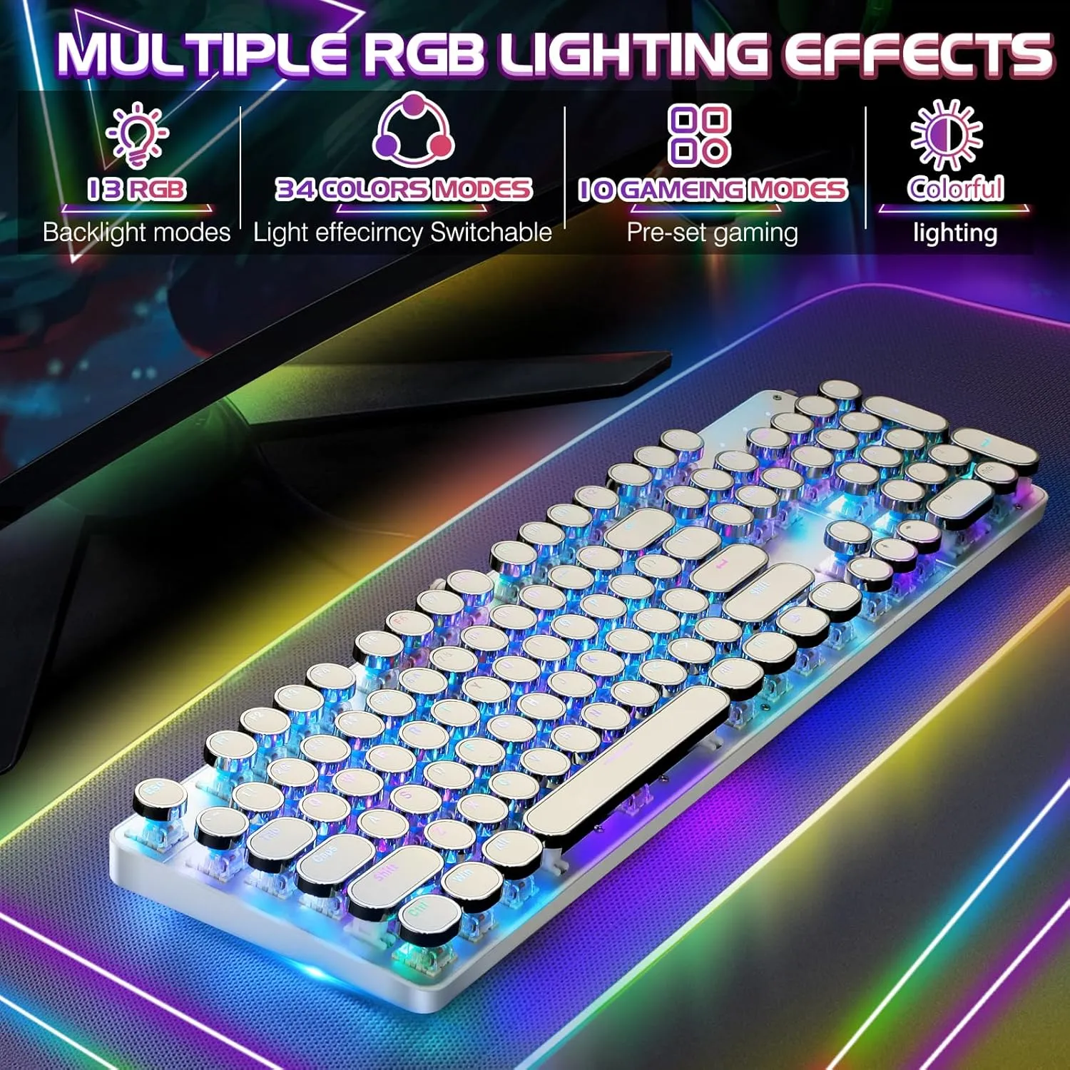 Typewriter Style Mechanical Gaming Keyboard RGB Backlit Wired with Blue Switch Retro Round Keycap 104 Keys Keyboard (White 104 Keys RGB)