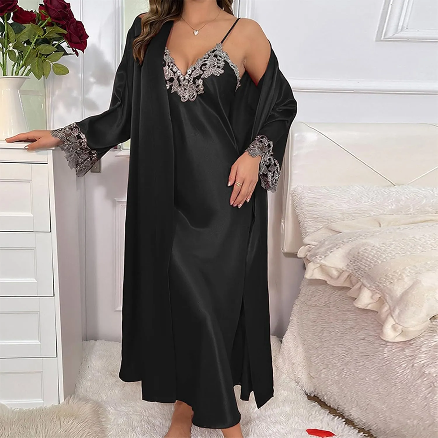 Uillui Long Pajamas Set for Women Satin Silk 2 Piece Outfits Sexy Off Shoulder Cami Dress Long Sleeve Kimono Robes Sleepwear