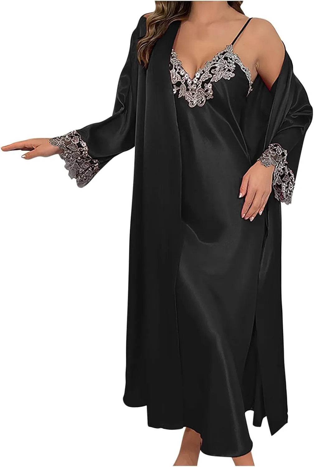 Uillui Long Pajamas Set for Women Satin Silk 2 Piece Outfits Sexy Off Shoulder Cami Dress Long Sleeve Kimono Robes Sleepwear