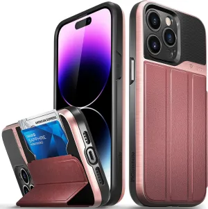 VENA vCommute Wallet Case Compatible with Apple iPhone 14 Pro Max (6.7"-inch), (Military Grade Drop Protection) Flip Leather Cover Card Slot Holder with Kickstand - Red