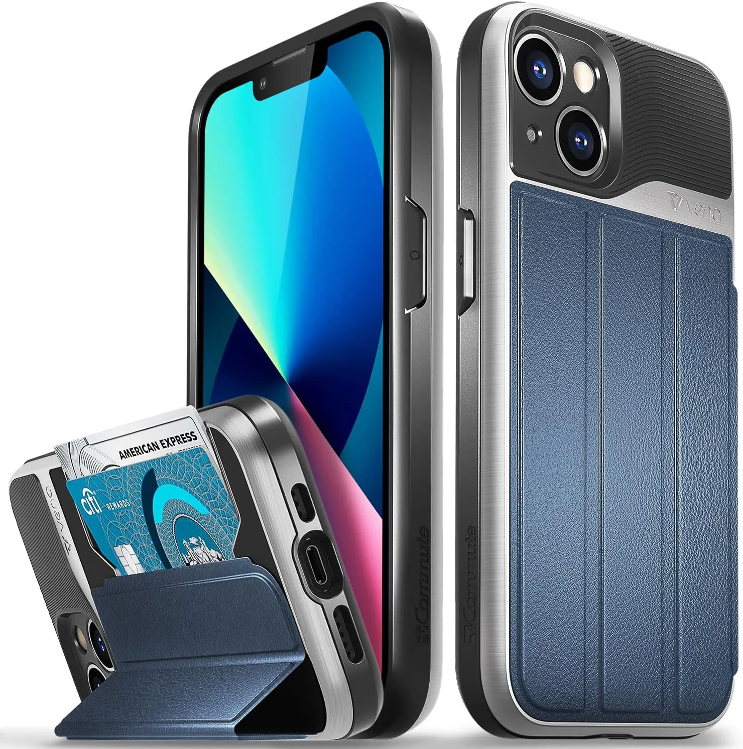 VENA Wallet Case Compatible with Apple iPhone 13 (6.1"-inch), vCommute (Military Grade Drop Protection) Flip Leather Cover Card Slot Holder with Kickstand (Blue)
