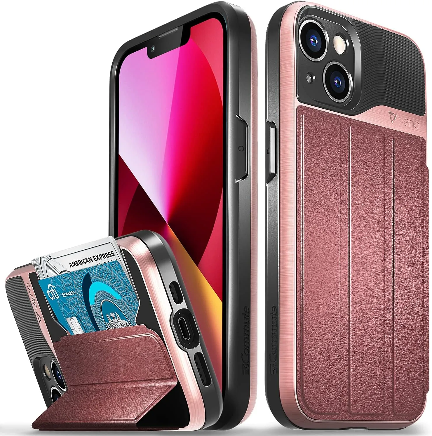VENA Wallet Case Compatible with Apple iPhone 13 (6.1"-inch), vCommute (Military Grade Drop Protection) Flip Leather Cover Card Slot Holder with Kickstand (Rose Gold)