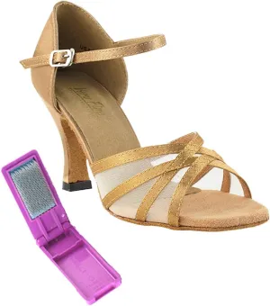 Very Fine Ballroom Latin Tango Salsa Dance Shoes for Women - 6027-2.5 Inches Heel and Foldable Dance Shoe Brush Bundle - Brown Satin Flesh Mesh - Size - 7.5