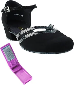 Very Fine Ballroom Latin Tango Salsa Dance Shoes for Women - 8881-1 inch Heel   Foldable Shoe Brush Bundle - Black Nubuck - 8