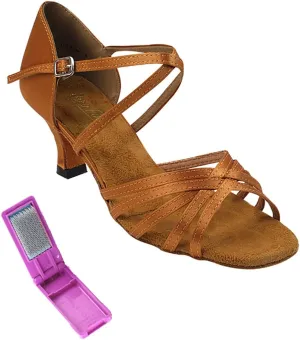 Very Fine Dance Shoes - Ladies Latin, Rhythm, Salsa Ballroom Dance Shoes - 1613-2.5-inch Heel and Foldable Brush Bundle - Brown Satin - 7