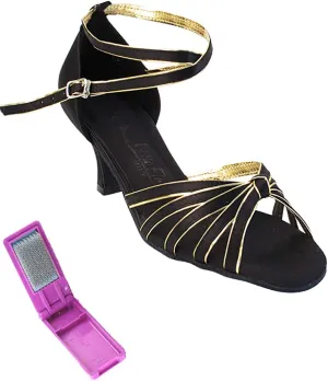 Very Fine Dance Shoes - Ladies Practice, Cuban Low Heel Ballroom Dance Shoes - SERA7043-2.5-inch Heel and Foldable Brush Bundle - Black Satin - Gold Trim - 8.5