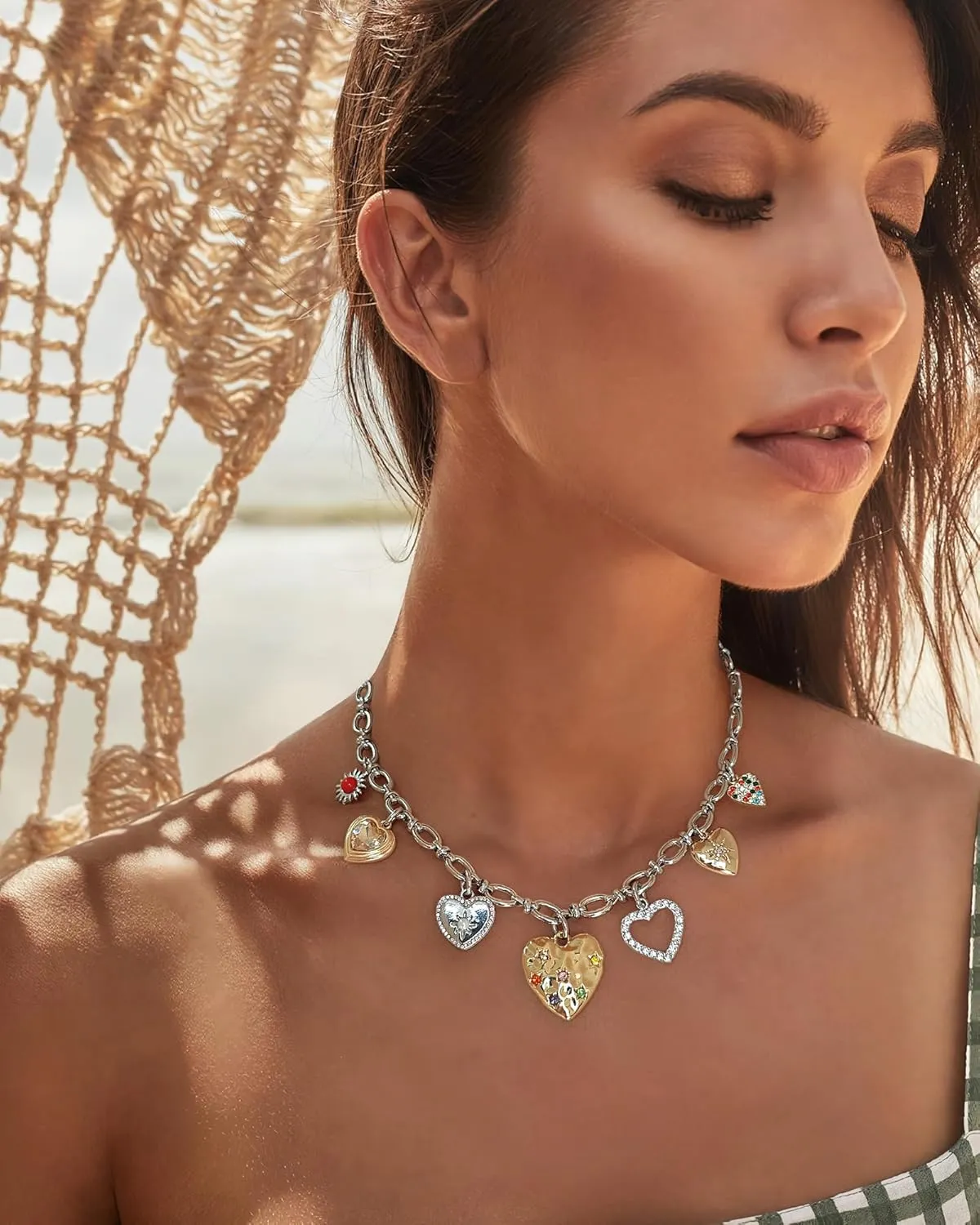 Vintage Heart Charm Necklaces for Women Matte Gold Charm Necklace Chunky Link Chain Necklace Fashion White Gold Heart Necklaces