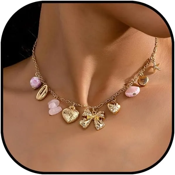 Vintage Hearts Charm Necklaces for Women With Different Heart Charms Charm Puffy Heart Necklace