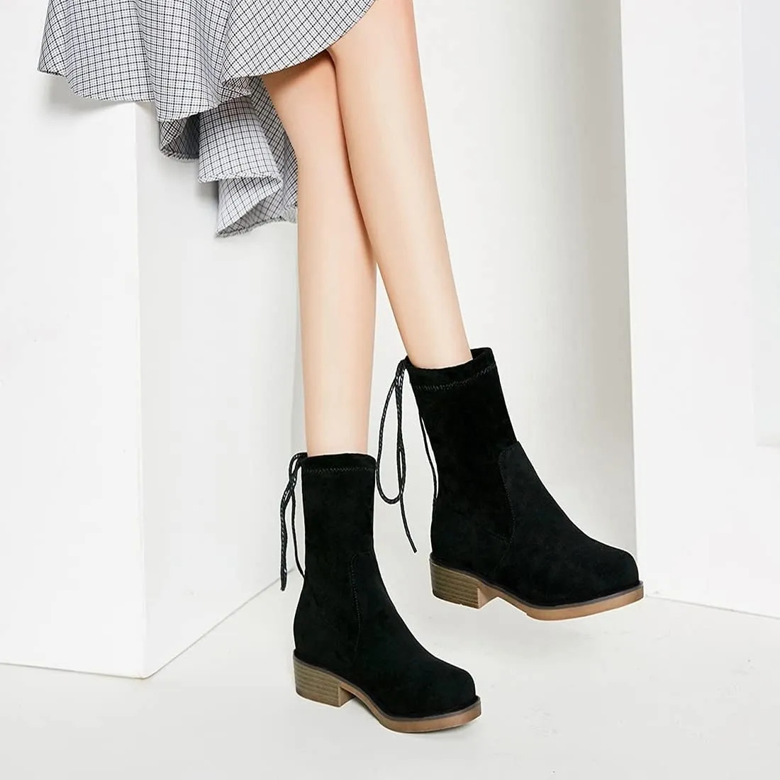 VOKLIN Women's Casual Flat Low Heels Dress Ankle Booties Vegan Suede Round Toe Lace Up Dressy Short Boots