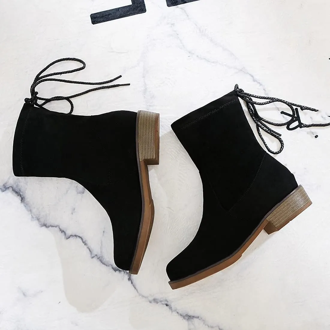 VOKLIN Women's Casual Flat Low Heels Dress Ankle Booties Vegan Suede Round Toe Lace Up Dressy Short Boots