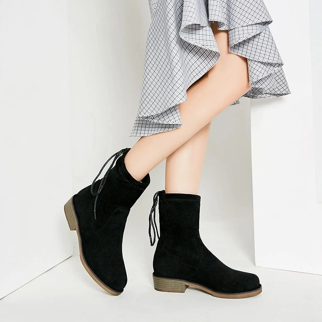 VOKLIN Women's Casual Flat Low Heels Dress Ankle Booties Vegan Suede Round Toe Lace Up Dressy Short Boots