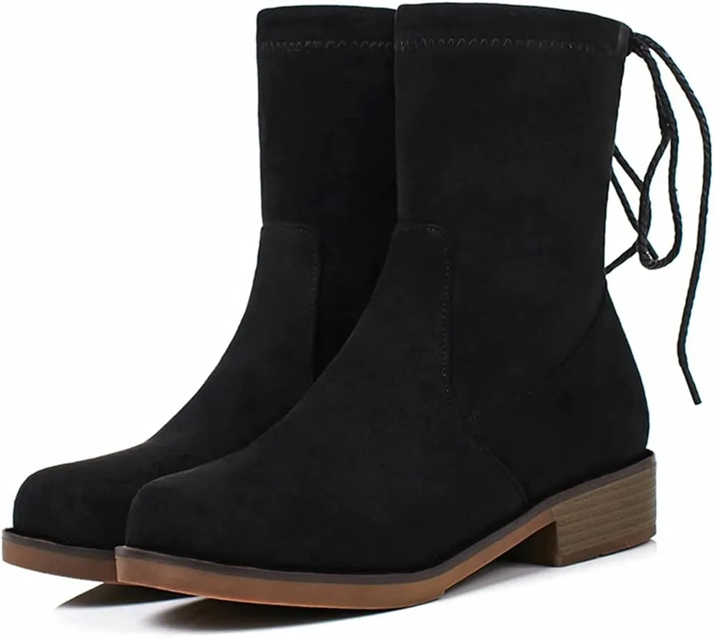 VOKLIN Women's Casual Flat Low Heels Dress Ankle Booties Vegan Suede Round Toe Lace Up Dressy Short Boots