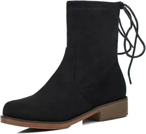 VOKLIN Women's Casual Flat Low Heels Dress Ankle Booties Vegan Suede Round Toe Lace Up Dressy Short Boots