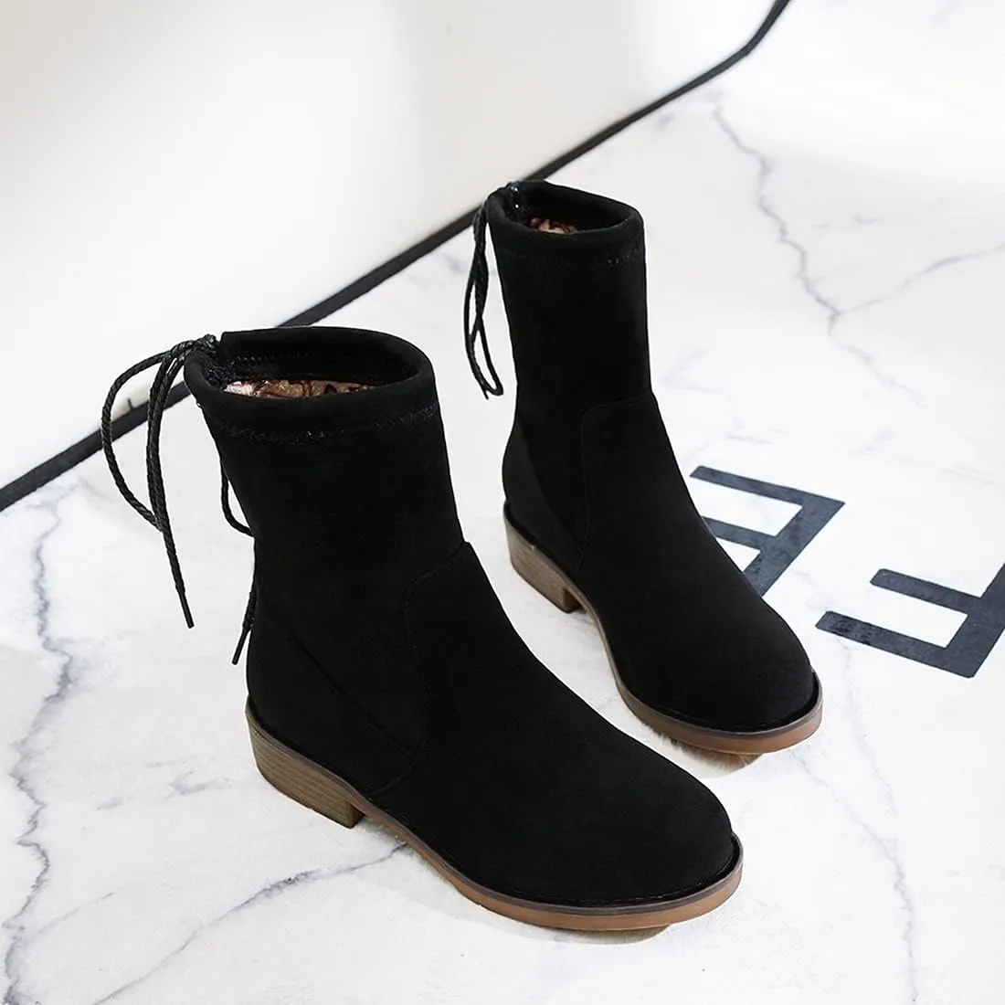 VOKLIN Women's Casual Flat Low Heels Dress Ankle Booties Vegan Suede Round Toe Lace Up Dressy Short Boots