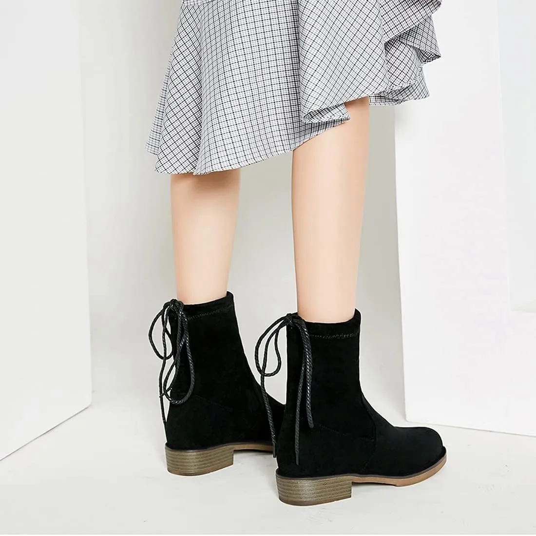 VOKLIN Women's Casual Flat Low Heels Dress Ankle Booties Vegan Suede Round Toe Lace Up Dressy Short Boots