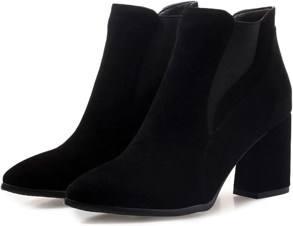 VOKLIN Women's Pointy Toe Chunky High Heel Dressy Ankle Boots Elastic Side Panel Chelsea Dress Short Booties