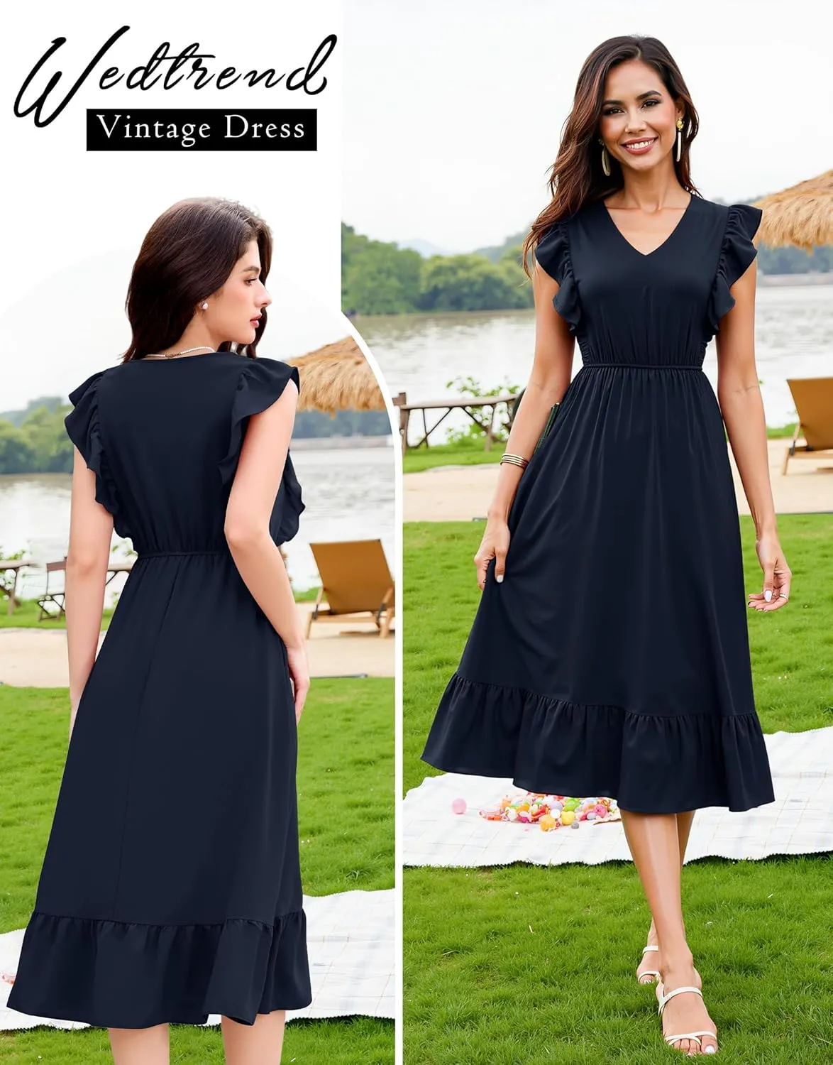 Wedtrend Women's Cocktail Dresses Ruffle Sleeve Vinatge 1940s Dresses Wedding Guest Dress Tiered Boho Dress