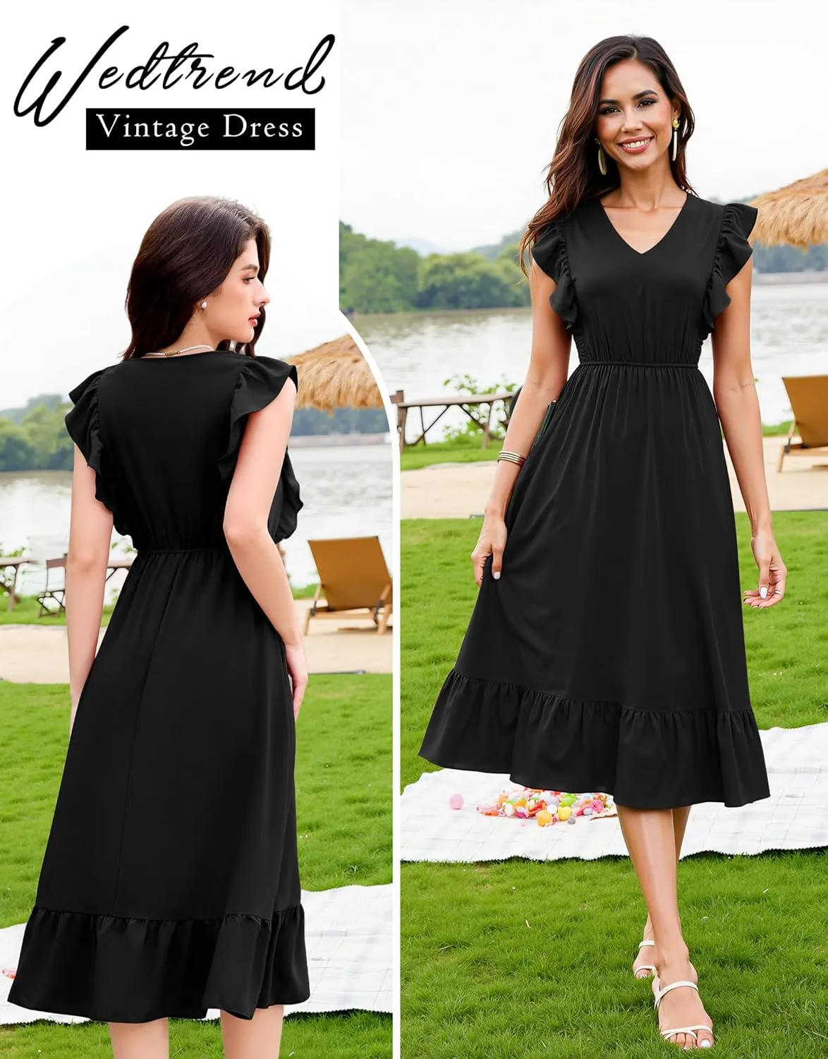 Wedtrend Women's Cocktail Dresses Ruffle Sleeve Vinatge 1940s Dresses Wedding Guest Dress Tiered Boho Dress
