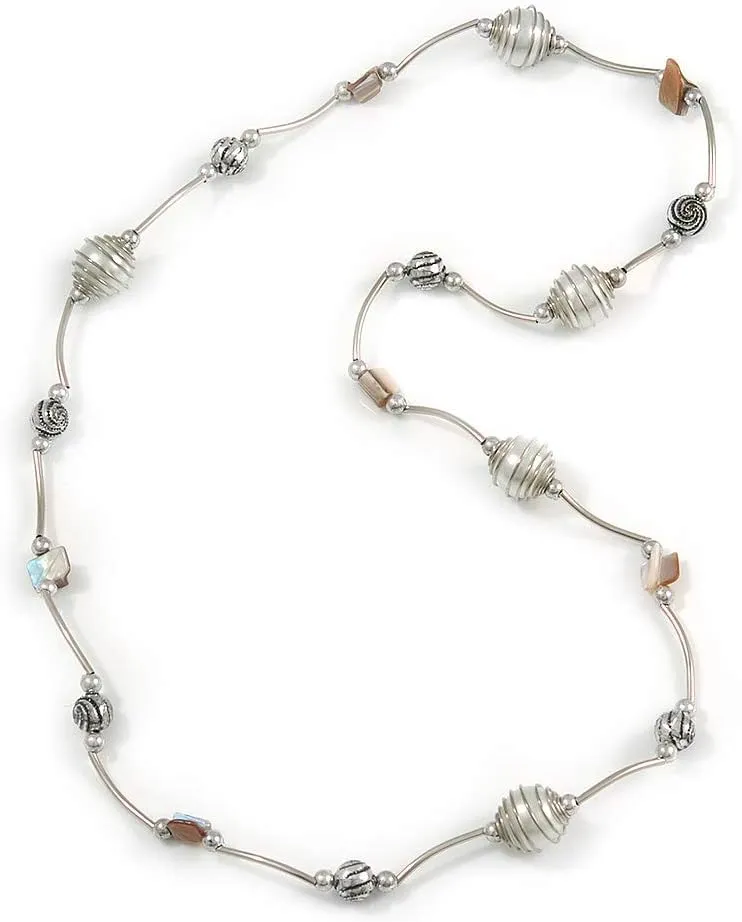 White Shell and Glass Bead with Wire Detailing Necklace In Silver Tone Metal - 70cm L