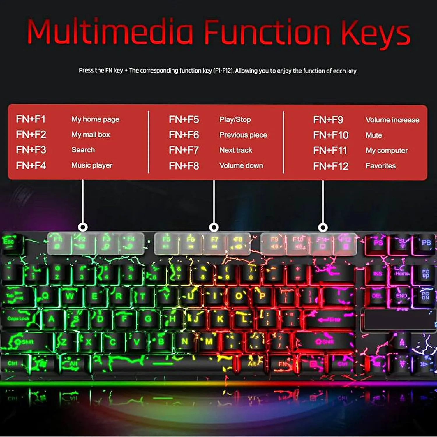 Wired Crack Rainbow Gaming Keyboard, 104 Keys Light Up Mechanical Feeling Computer Keyboard for Windows, Laptop, PC Gamers Office Device, Travel, Easy to Carry on Business Trip,Woking(Black)