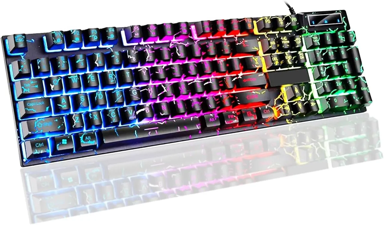 Wired Crack Rainbow Gaming Keyboard, 104 Keys Light Up Mechanical Feeling Computer Keyboard for Windows, Laptop, PC Gamers Office Device, Travel, Easy to Carry on Business Trip,Woking(Black)