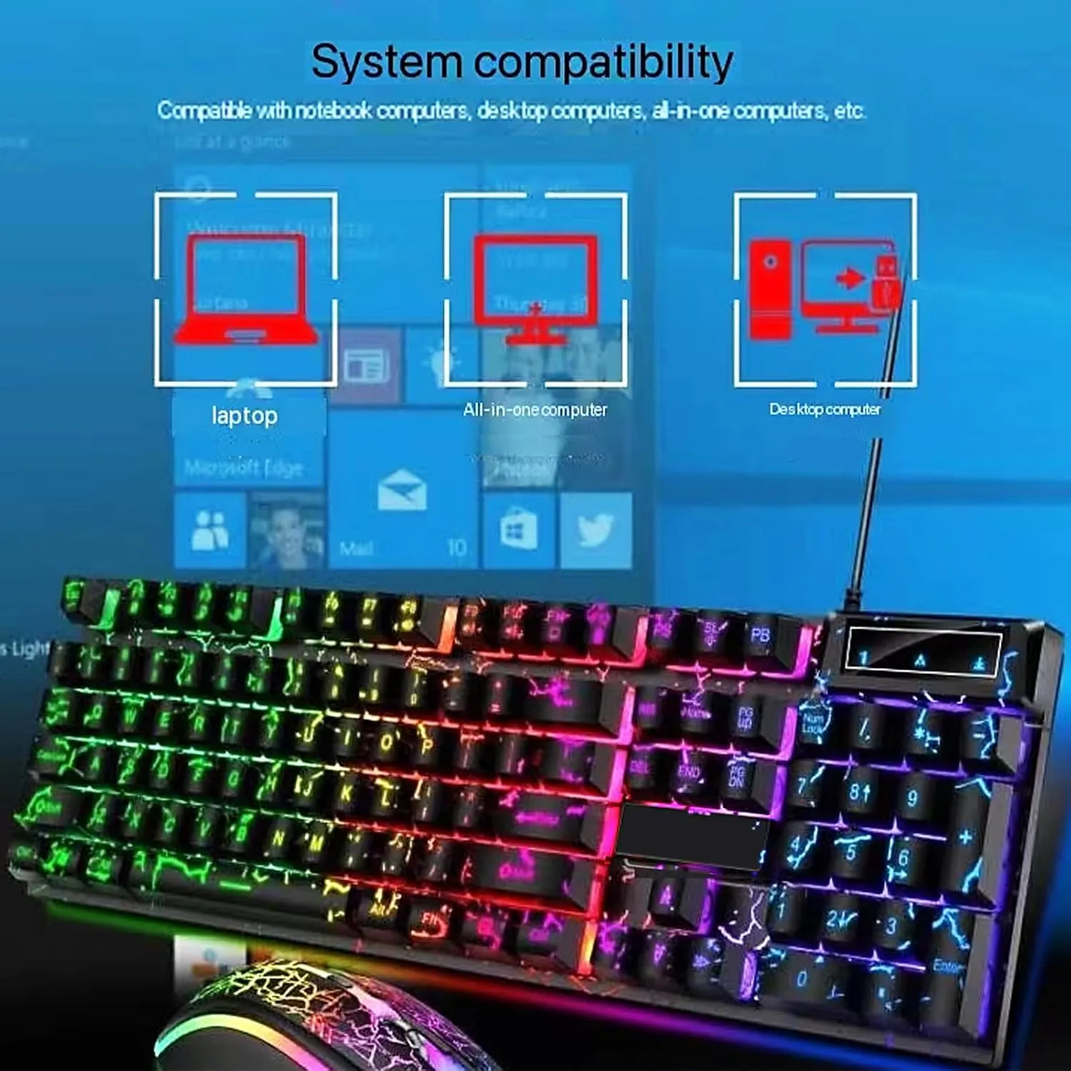 Wired Crack Rainbow Gaming Keyboard, 104 Keys Light Up Mechanical Feeling Computer Keyboard for Windows, Laptop, PC Gamers Office Device, Travel, Easy to Carry on Business Trip,Woking(Black)