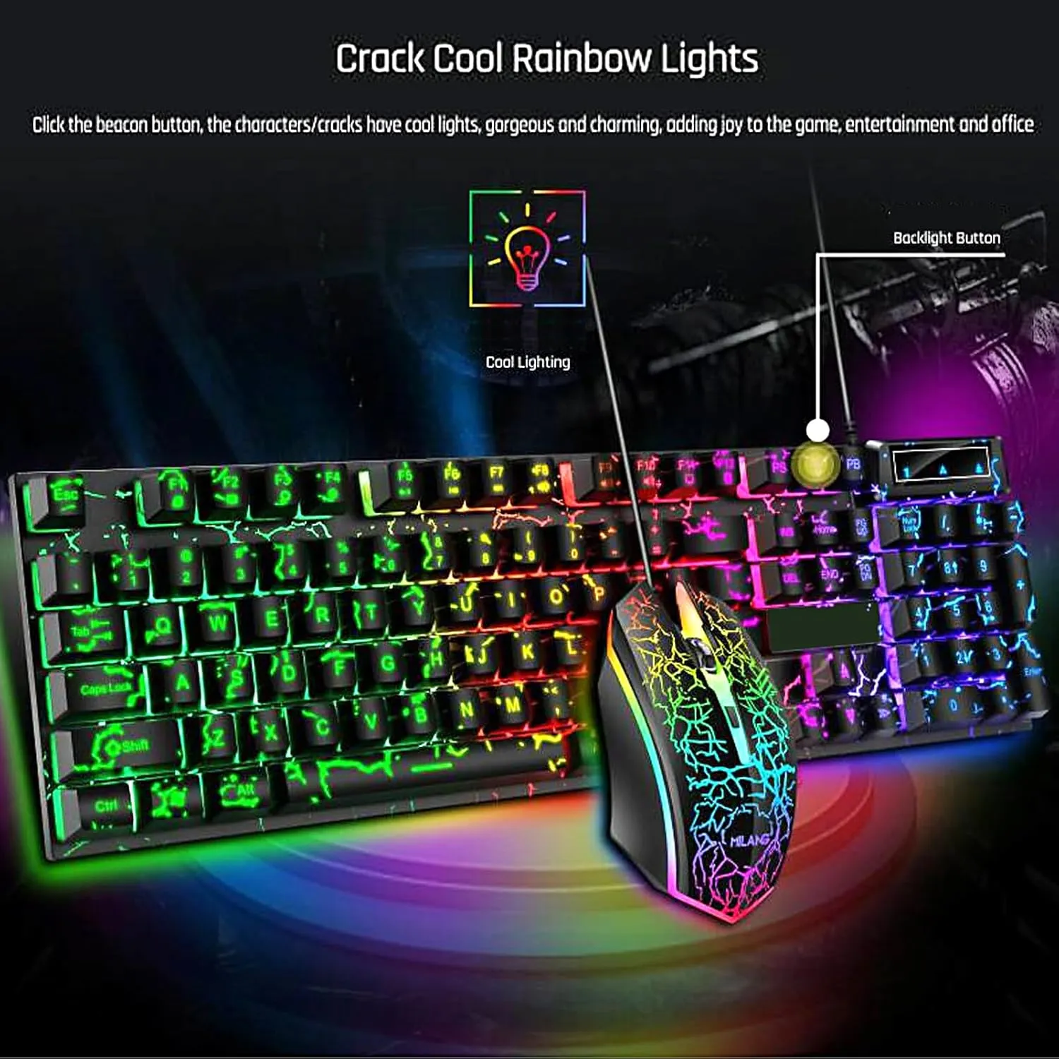 Wired Crack Rainbow Gaming Keyboard, 104 Keys Light Up Mechanical Feeling Computer Keyboard for Windows, Laptop, PC Gamers Office Device, Travel, Easy to Carry on Business Trip,Woking(Black)