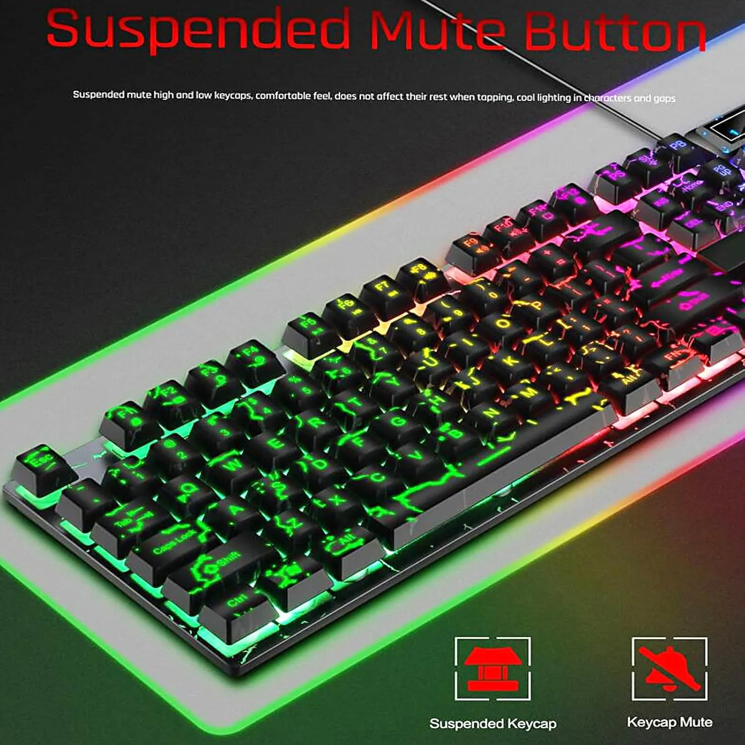 Wired Crack Rainbow Gaming Keyboard, 104 Keys Light Up Mechanical Feeling Computer Keyboard for Windows, Laptop, PC Gamers Office Device, Travel, Easy to Carry on Business Trip,Woking(Black)