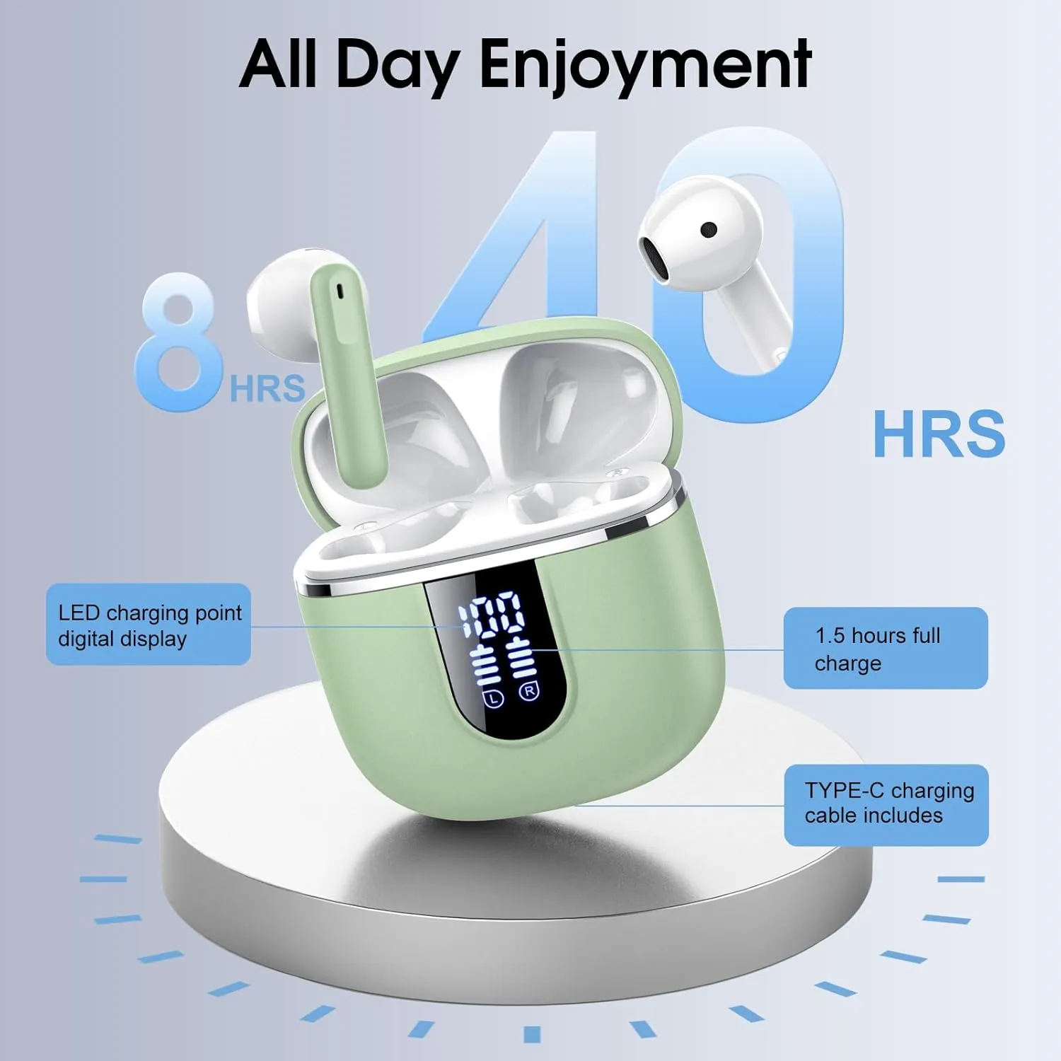 Wireless Earbuds, Bluetooth 5.4 Headphones in Ear Buds, HiFi Stereo Wireless Earphones with 4 ENC Noise Cancelling Mics, 40H Wireless Headphones with IP7 Waterproof, Dual LED Display USB C, Green