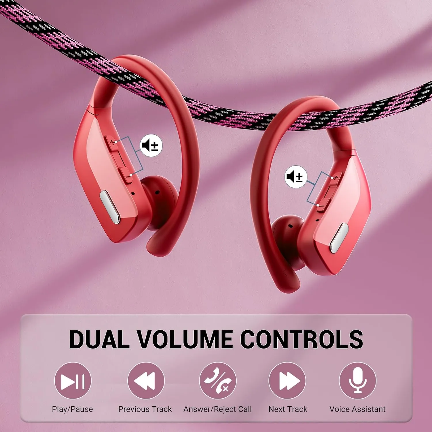 Wireless Earbuds with Earhooks 80Hrs Bluetooth Headphones Over-Ear ENC Noise Canceling Mic Earphones IP7 Waterproof Headset for Sports,Fitness,Workouts and Running Red