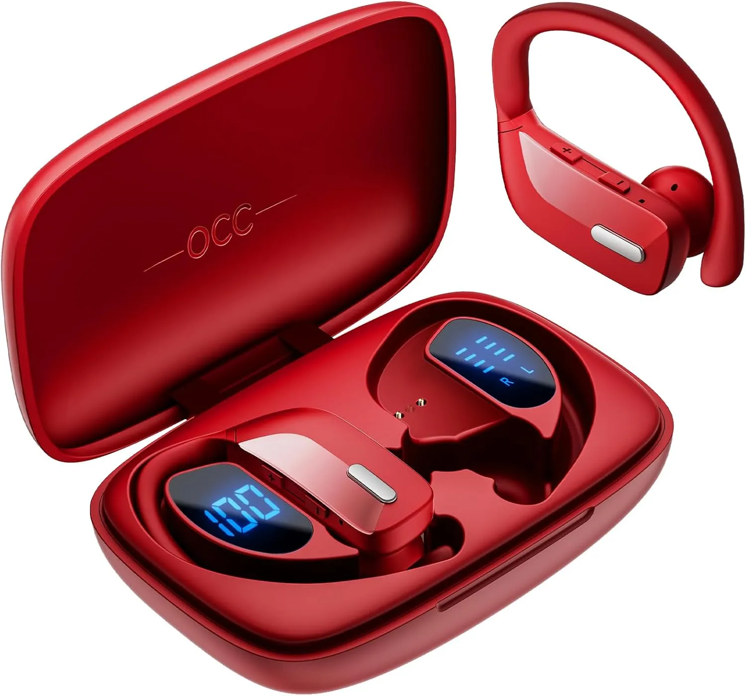 Wireless Earbuds with Earhooks 80Hrs Bluetooth Headphones Over-Ear ENC Noise Canceling Mic Earphones IP7 Waterproof Headset for Sports,Fitness,Workouts and Running Red