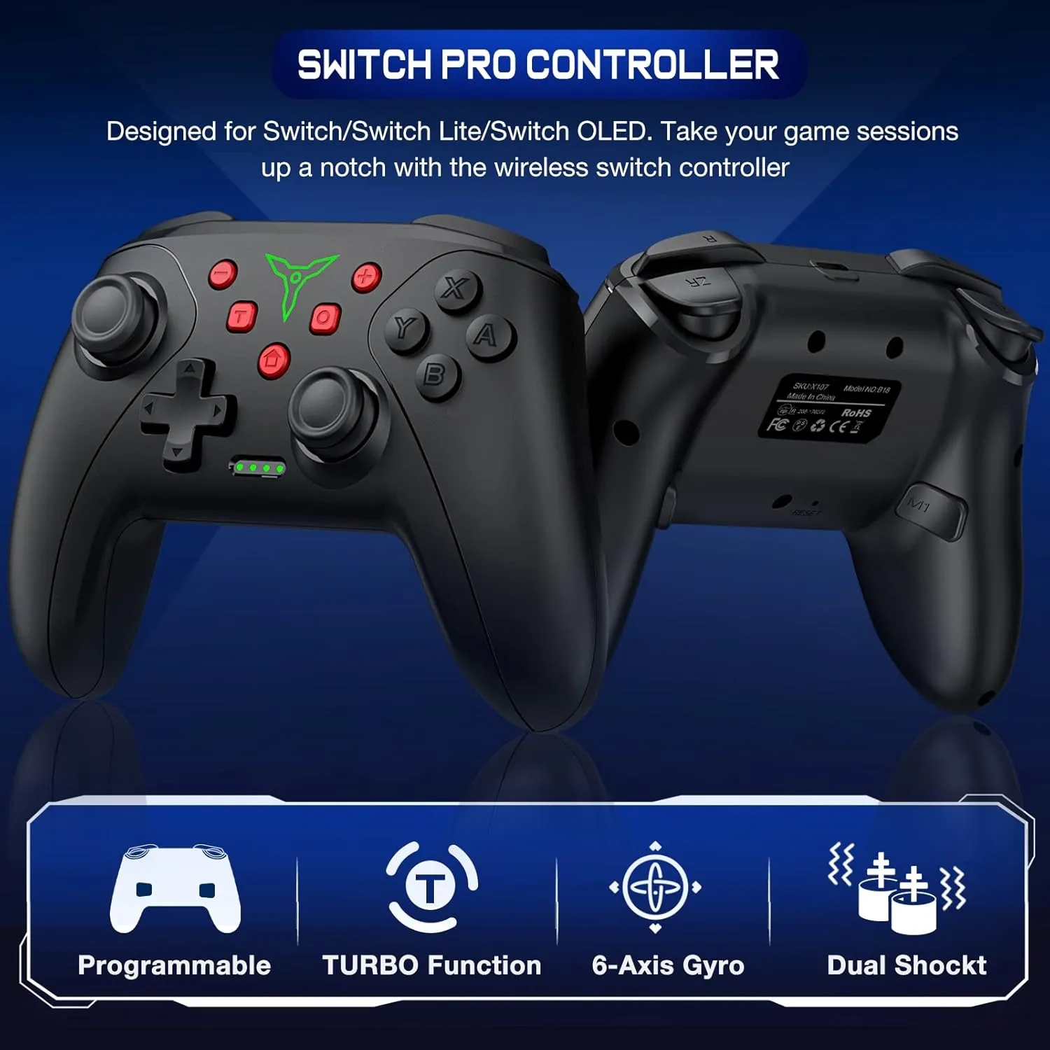 Wireless Switch Controller for Nintendo Switch/Lite/OLED Controller, Switch Controller with a Mouse Touch Feeling on Back Buttons, Extra Switch Pro Controller with Wake-up,Programmable, Turbo -Black