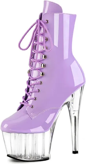 WOilERQ Sexy Crystal Platform Booties for Women Stiletto Crystal Heel Round Toe Mid Calf Boot Sexy Pole Dancing Stripper Club Heeled Dress Shoes Patent Leather 6.7"