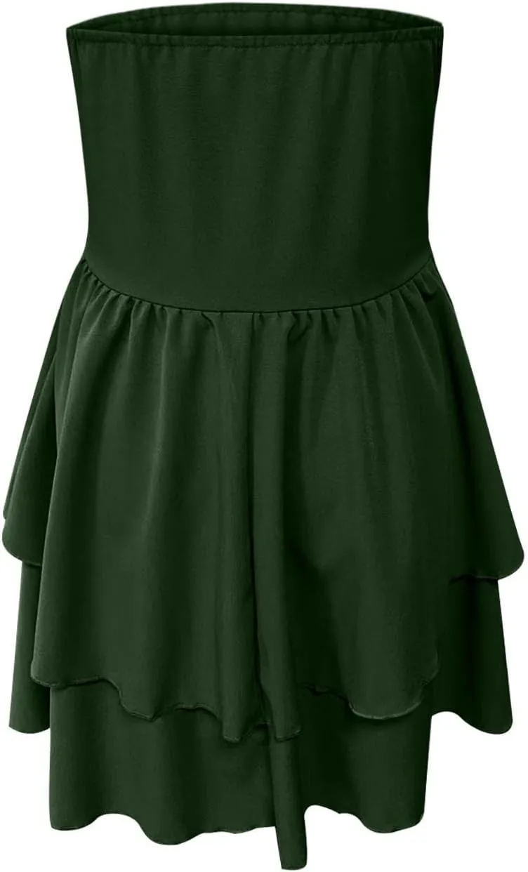 Women 2025 Summer Strapless Tube Mini Dress A Line Slim Fit Waisted Off Shoulder Smocked Ruffle Short Travel Dresses